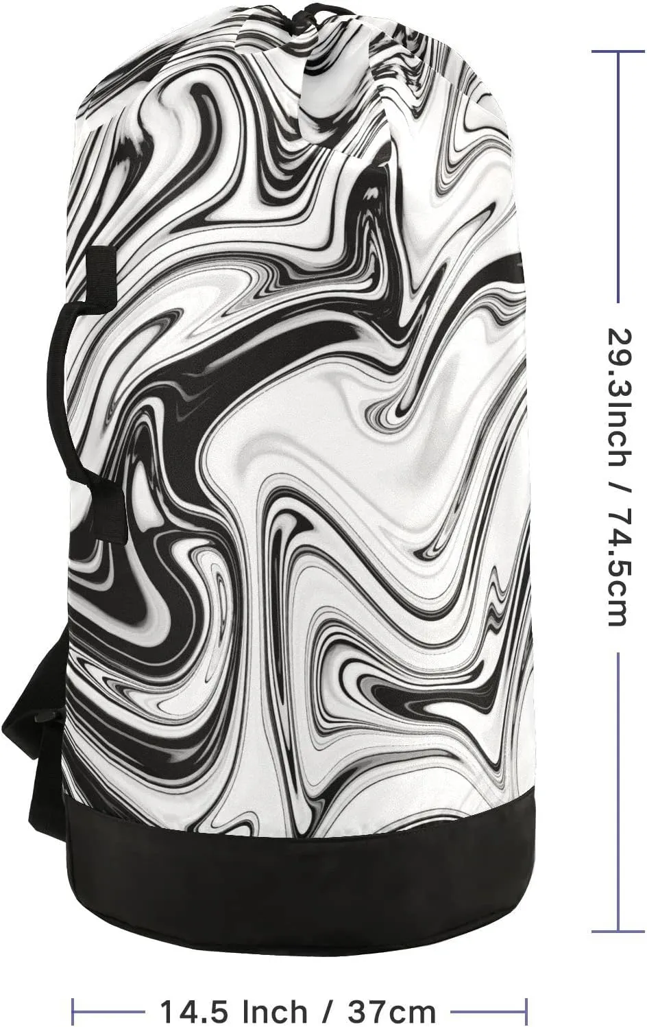 Liquid Black and White Marble Texture Black Art Paint Lines on White Backpack Laundry Bag, Laundry Backpack with Shoulder Straps, Waterproof Nylon Clothes Hamper Bag for Men Women Yoga Backpack