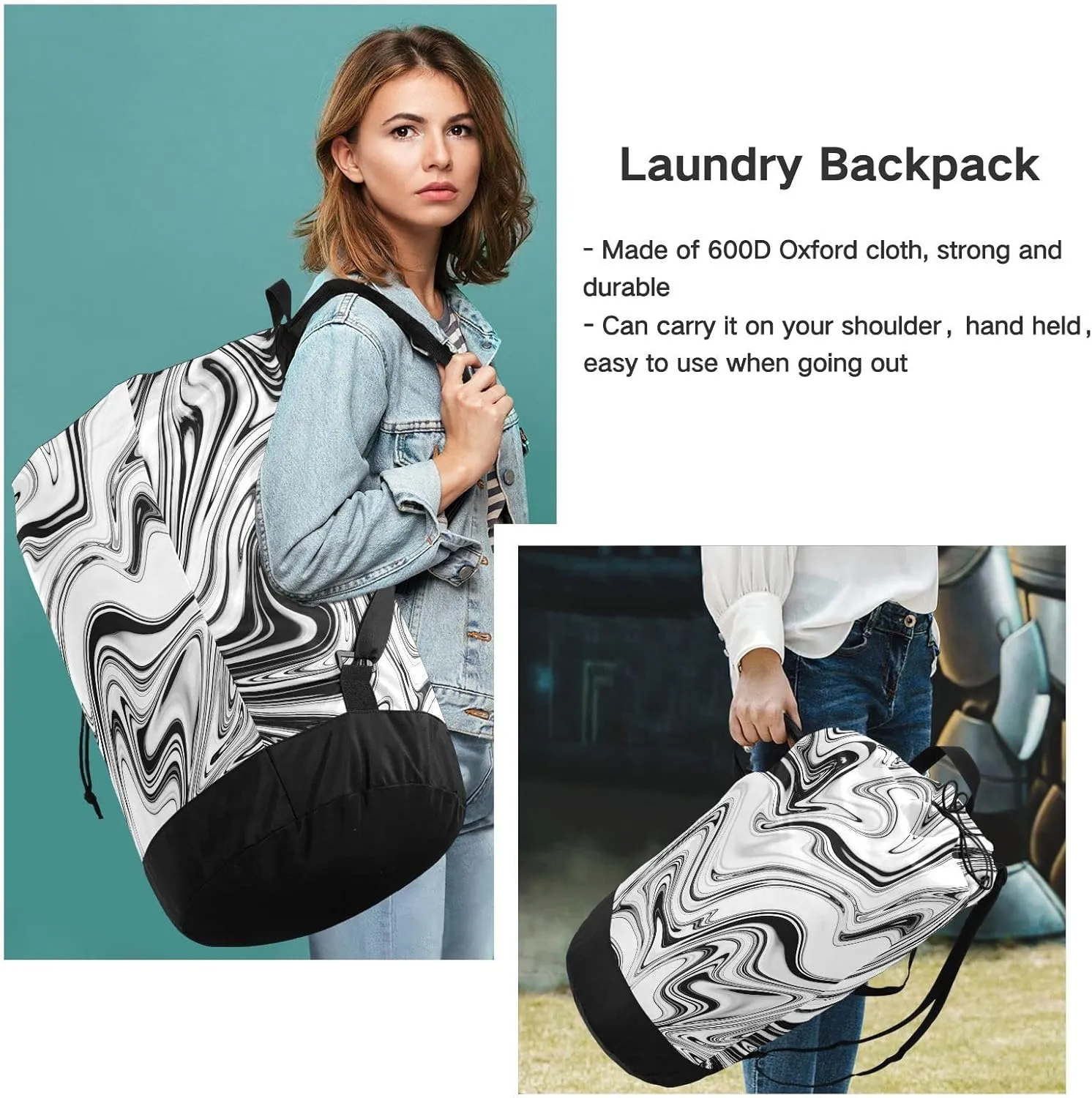 Liquid Black and White Marble Texture Black Art Paint Lines on White Backpack Laundry Bag, Laundry Backpack with Shoulder Straps, Waterproof Nylon Clothes Hamper Bag for Men Women Yoga Backpack