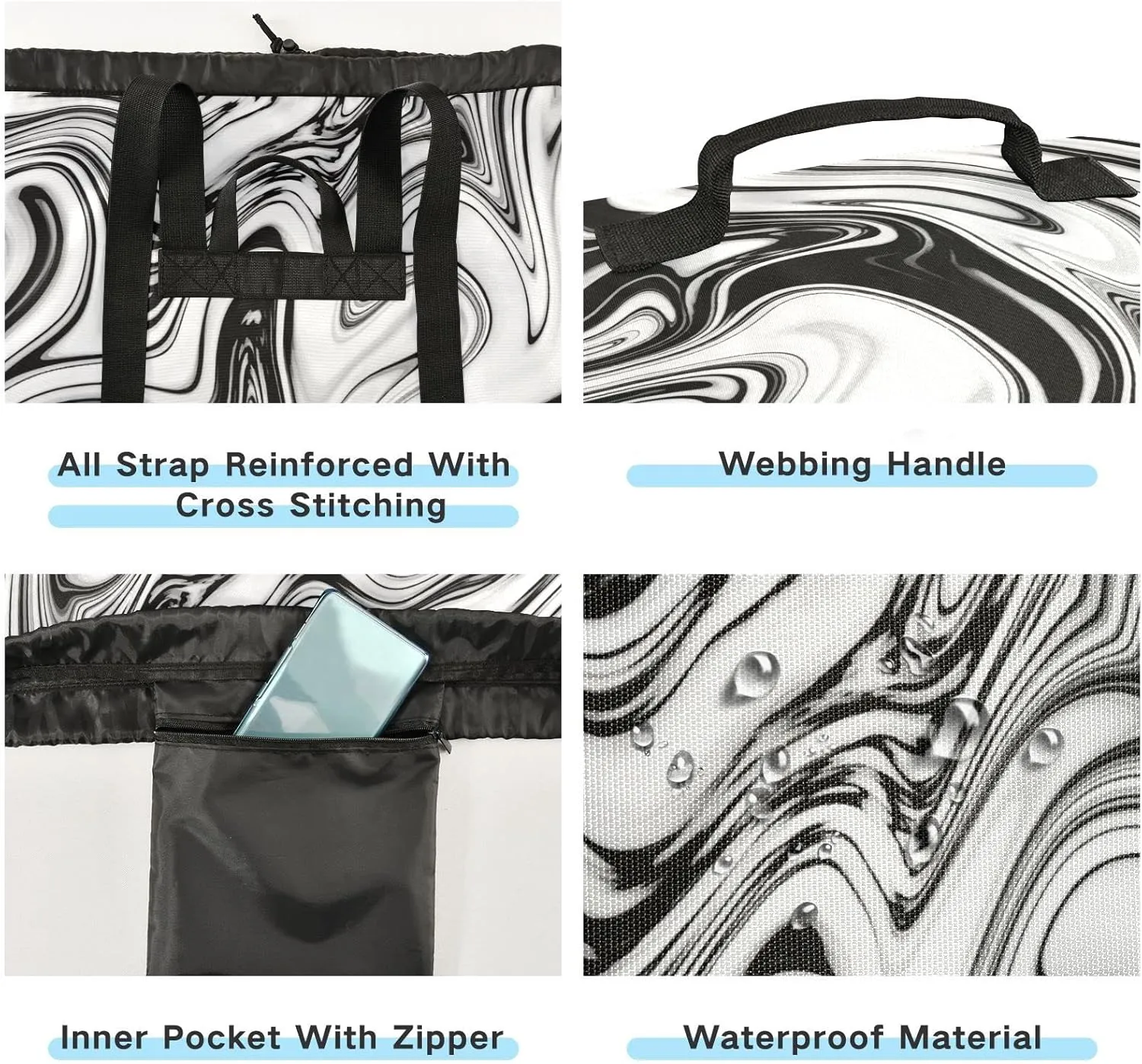 Liquid Black and White Marble Texture Black Art Paint Lines on White Backpack Laundry Bag, Laundry Backpack with Shoulder Straps, Waterproof Nylon Clothes Hamper Bag for Men Women Yoga Backpack