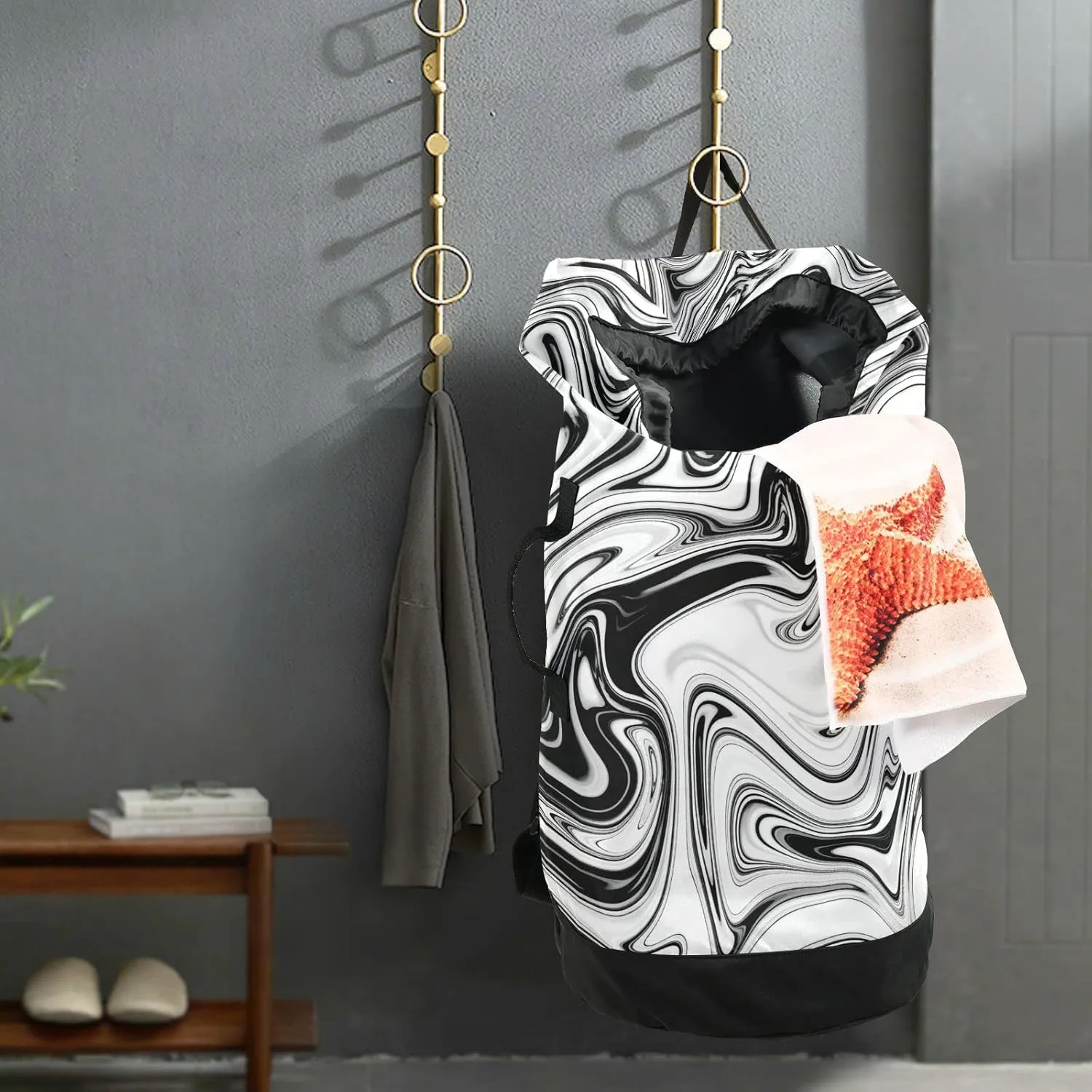 Liquid Black and White Marble Texture Black Art Paint Lines on White Backpack Laundry Bag, Laundry Backpack with Shoulder Straps, Waterproof Nylon Clothes Hamper Bag for Men Women Yoga Backpack