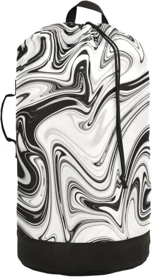 Liquid Black and White Marble Texture Black Art Paint Lines on White Backpack Laundry Bag, Laundry Backpack with Shoulder Straps, Waterproof Nylon Clothes Hamper Bag for Men Women Yoga Backpack