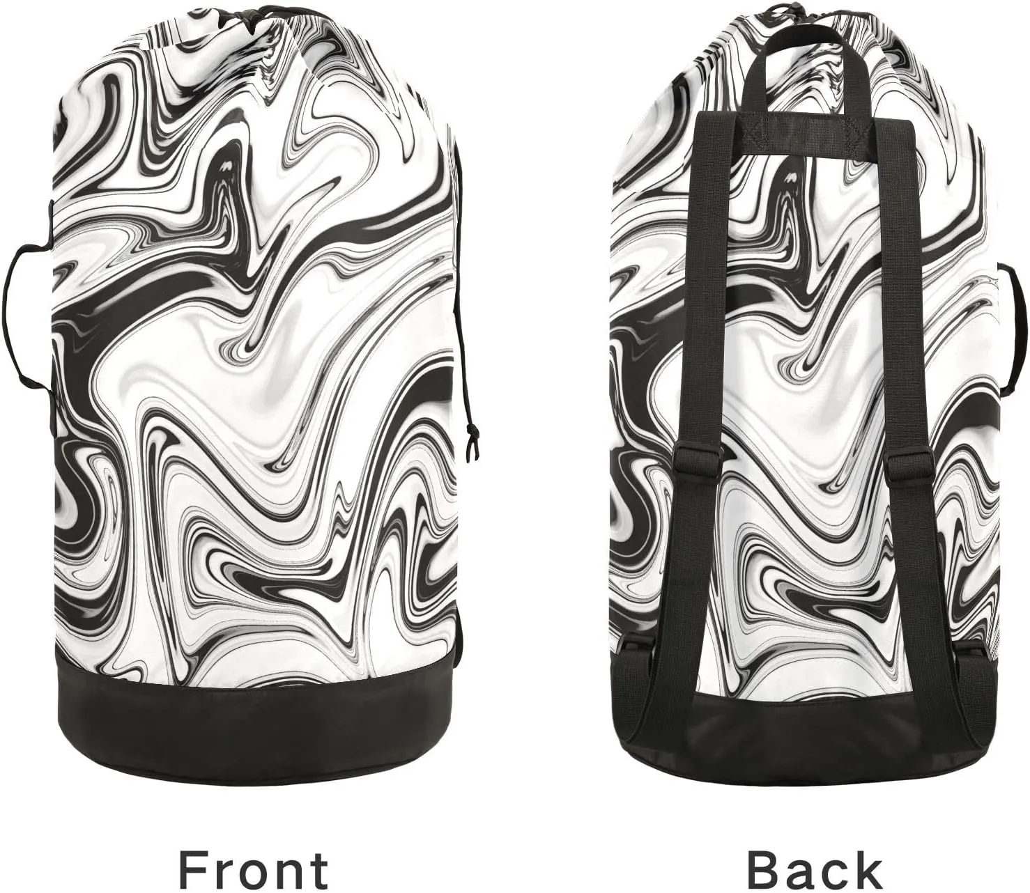 Liquid Black and White Marble Texture Black Art Paint Lines on White Backpack Laundry Bag, Laundry Backpack with Shoulder Straps, Waterproof Nylon Clothes Hamper Bag for Men Women Yoga Backpack