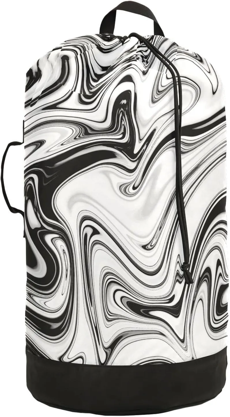 Liquid Black and White Marble Texture Black Art Paint Lines on White Backpack Laundry Bag, Laundry Backpack with Shoulder Straps, Waterproof Nylon Clothes Hamper Bag for Men Women Yoga Backpack