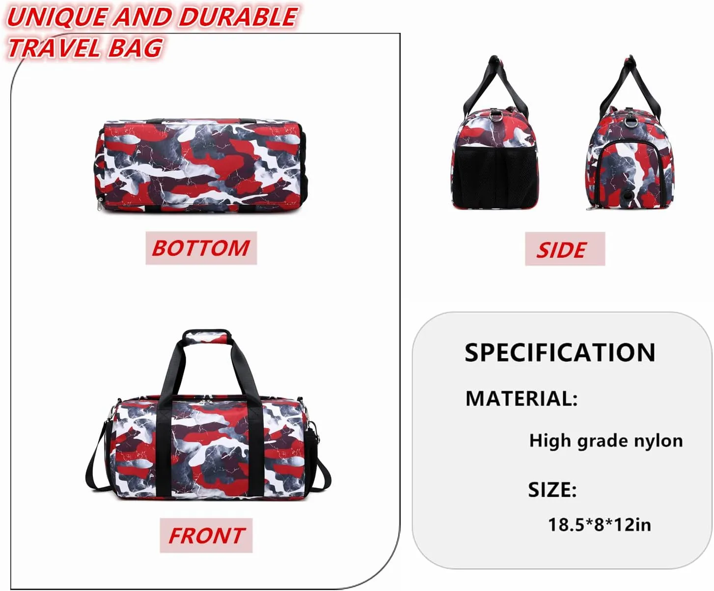Lmwzh Travel Duffle Gym Sports Bag Dance Weekender Overnight Cheer Suitable For Kids Teen And Adults With Shoe Compartment Wet Pocket (1-Red)