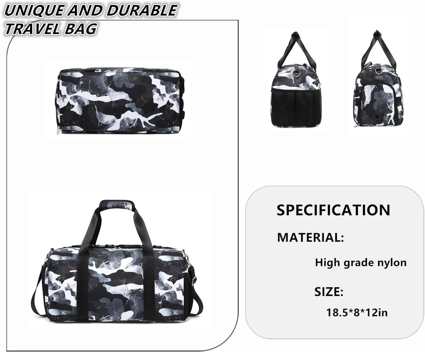 Lmwzh Travel Duffle Gym Sports Bag Dance Weekender Overnight Cheer Suitable For Kids Teen And Adults With Shoe Compartment Wet Pocket (Black)