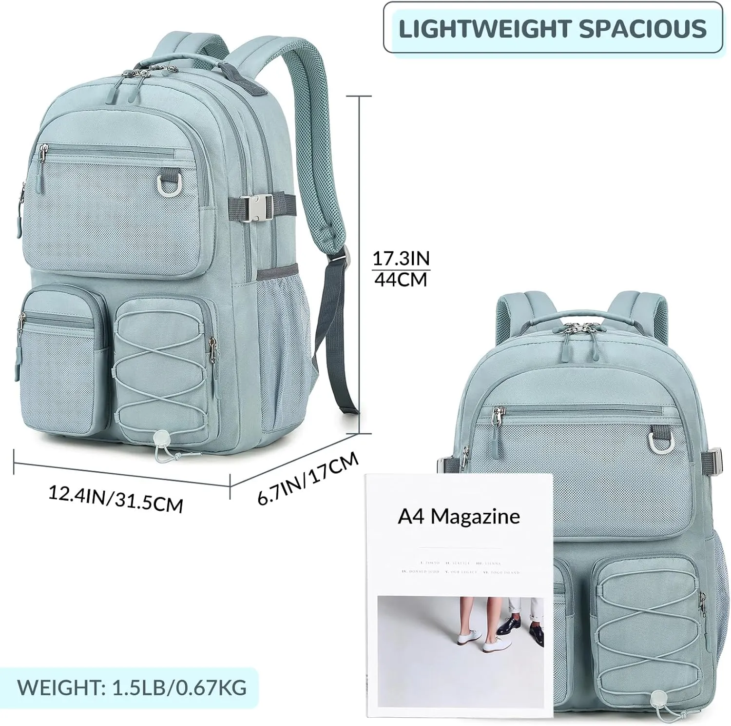 Lohol Water Resistant Backpack with Mulitiple Pockets for School Travel Outdoor College, 15.6 inch Laptop Daypack for Men and Women (Grey Blue)