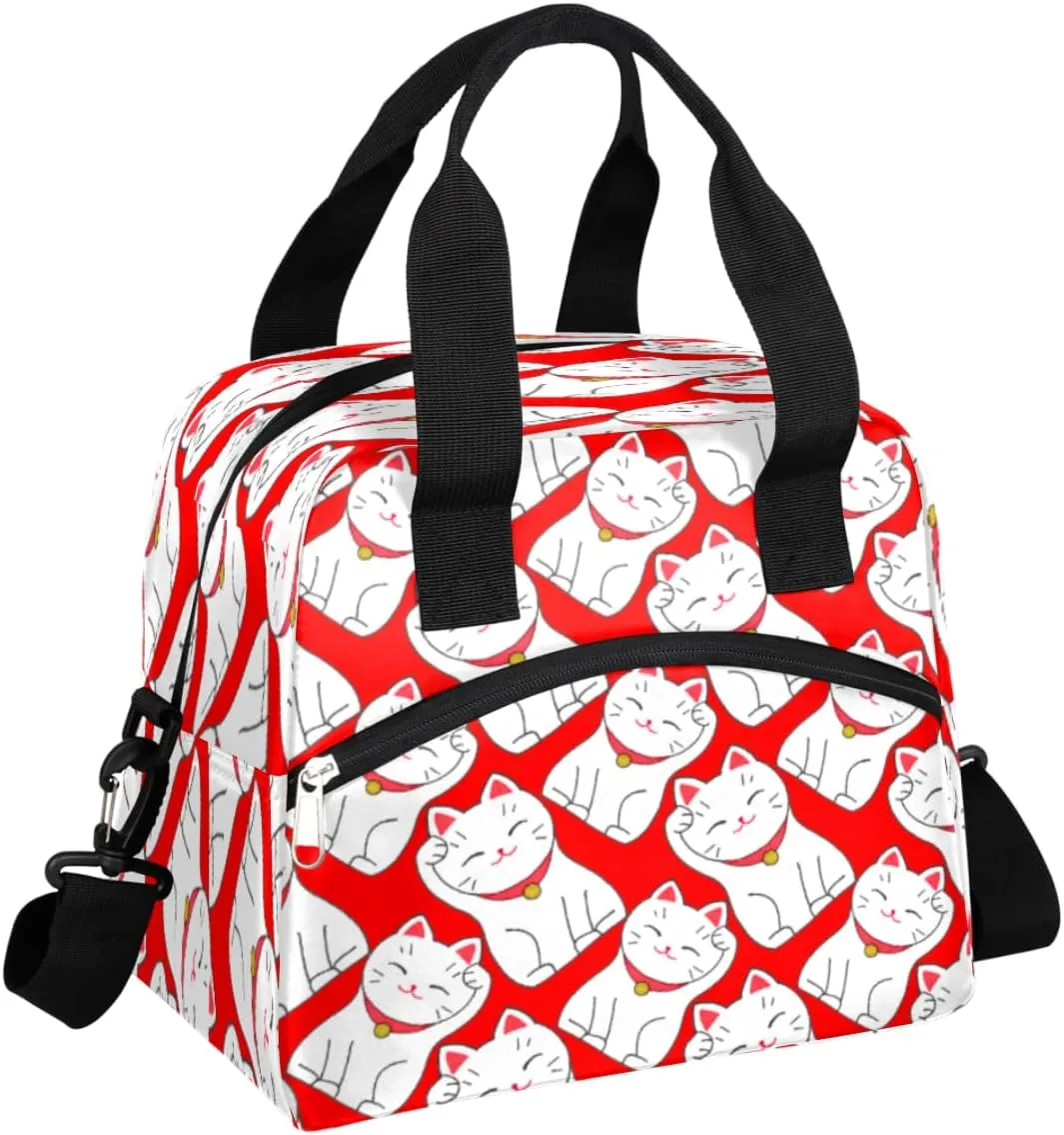 Lovely Fortune Cat Tote Lunch Bag, Reusable Leakproof Insulated Cooler Bag, Adjustable Shoulder Straps Water-resistant Lunch Box for Picnic Beach Hiking Work