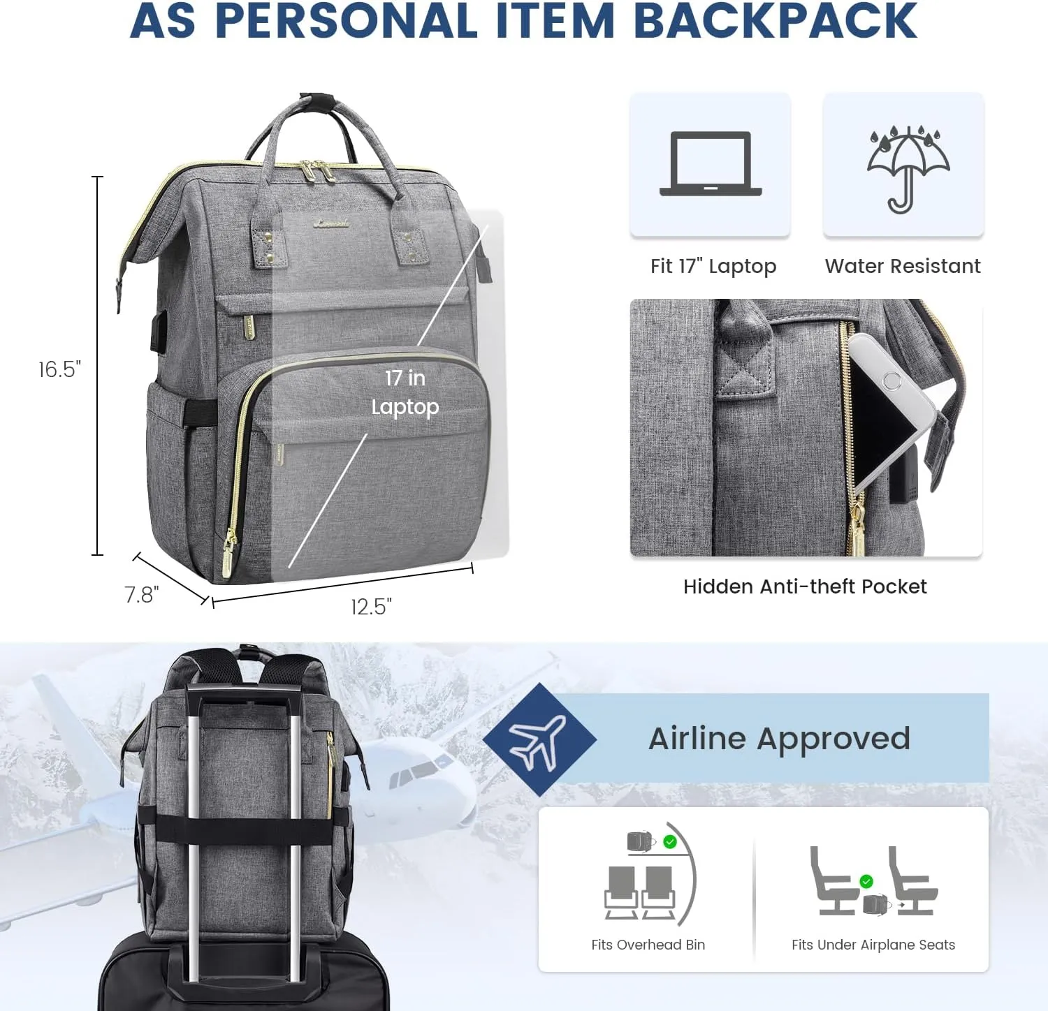 LOVEVOOK 17 inch Laptop Backpack Women, Large Travel Computer Back Pack with USB Charging Port, Anti Theft Backpack for Women Teacher Nurse Work, College Business, Austere Grey