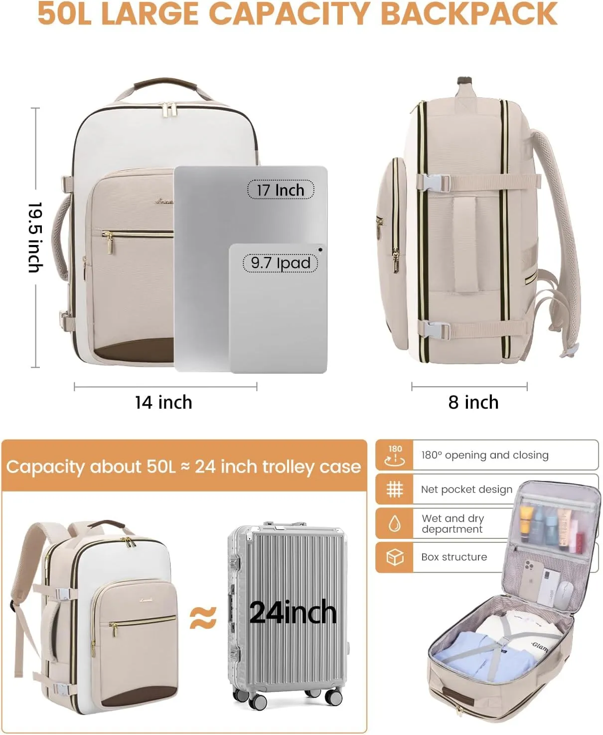 LOVEVOOK 50L Carry on Backpack for Women & Men with 3 Packing Cubes, Large Travel Backpack for Airplanes, TSA Personal Item Travel Bag with Laptop Pocket, Weekender Essentials Airline Approved