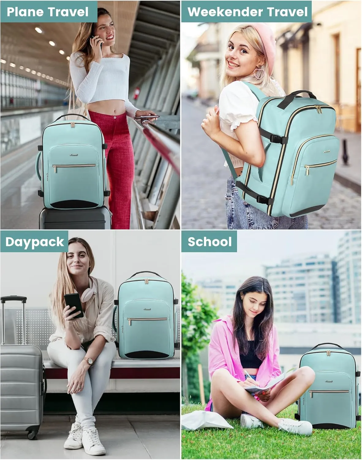 LOVEVOOK Carry on Backpack, 40L Travel Backpack as Personal Item Flight Approved, Waterproof Large 17inch Laptop Luggage Daypack Business Weekender Overnight with 3 Packing Cubes, Mint green