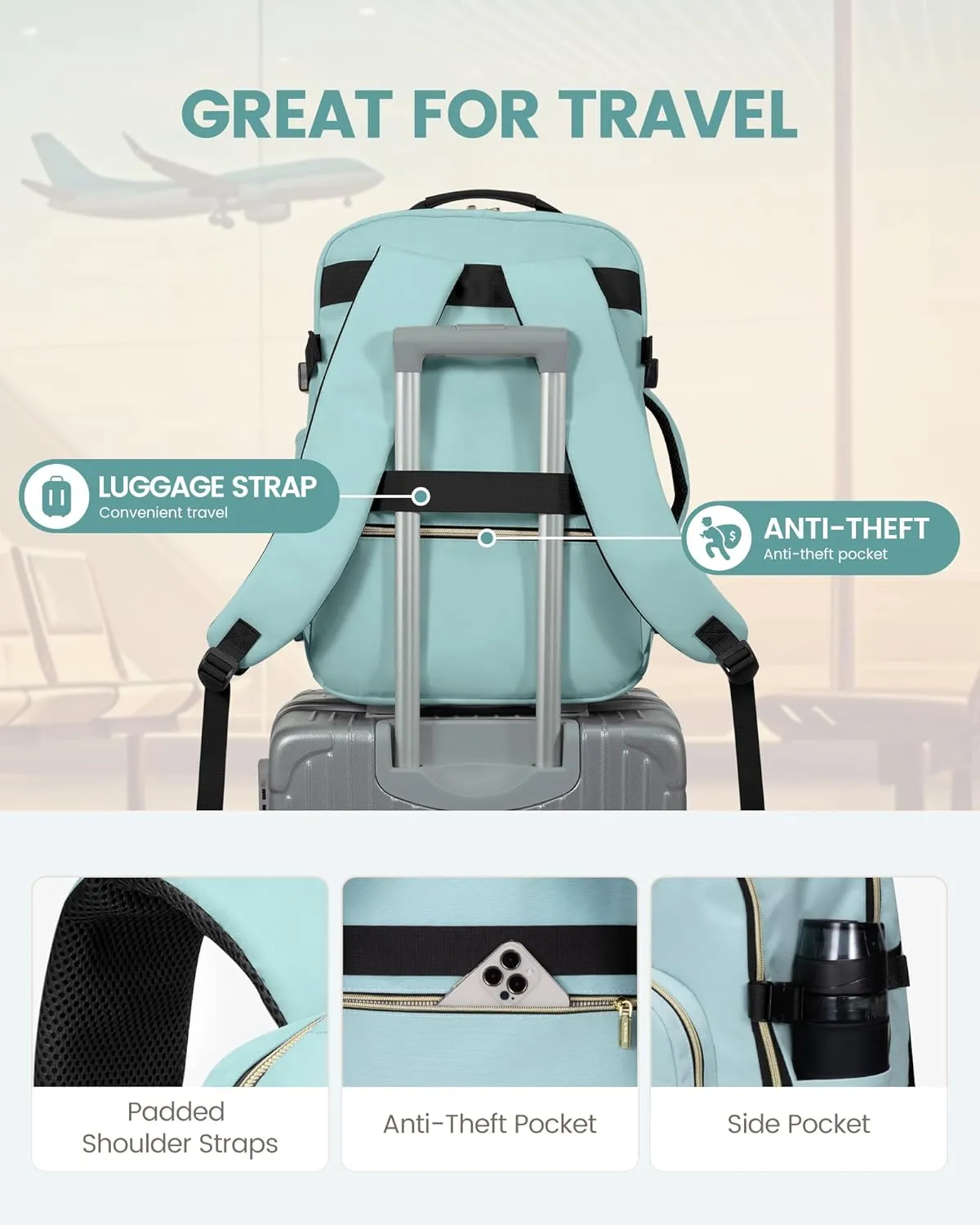LOVEVOOK Carry on Backpack, 40L Travel Backpack as Personal Item Flight Approved, Waterproof Large 17inch Laptop Luggage Daypack Business Weekender Overnight with 3 Packing Cubes, Mint green