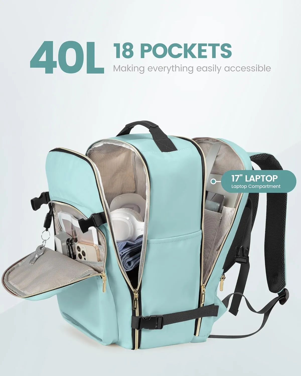 LOVEVOOK Carry on Backpack, 40L Travel Backpack as Personal Item Flight Approved, Waterproof Large 17inch Laptop Luggage Daypack Business Weekender Overnight with 3 Packing Cubes, Mint green
