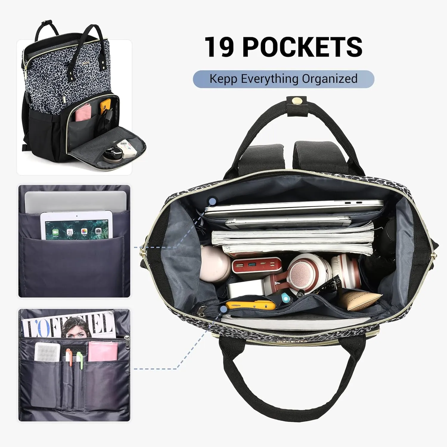 LOVEVOOK College Laptop Backpack, 15.6 Inch Travel Backpack for College, Waterproof Work Backpack Woman for Teacher Nurse Anti-theft Travel Back Pack, Gifts for Women, Grey Leopard