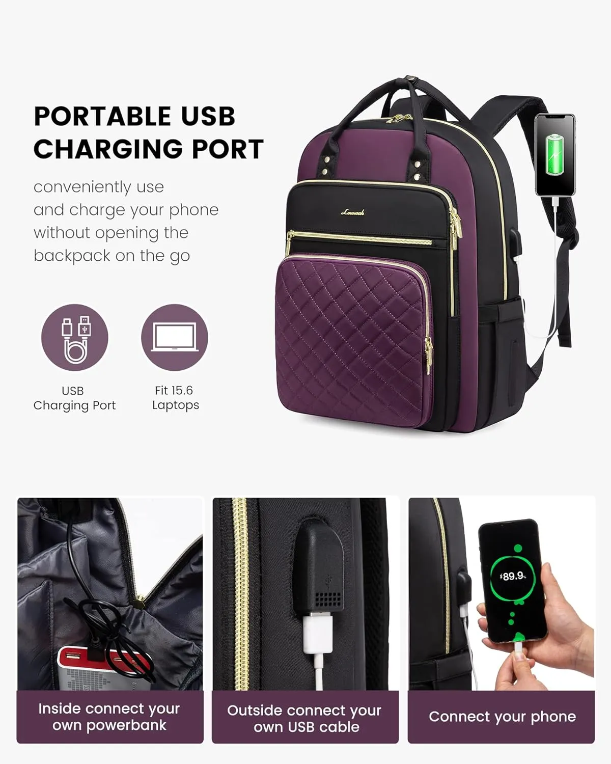 LOVEVOOK Laptop Backpack for Women, Water Resistant Travel Work Backpacks Purse Stylish College Business Teacher Nurse Computer Bag with USB Charging Port, Fits 15.6" Laptop