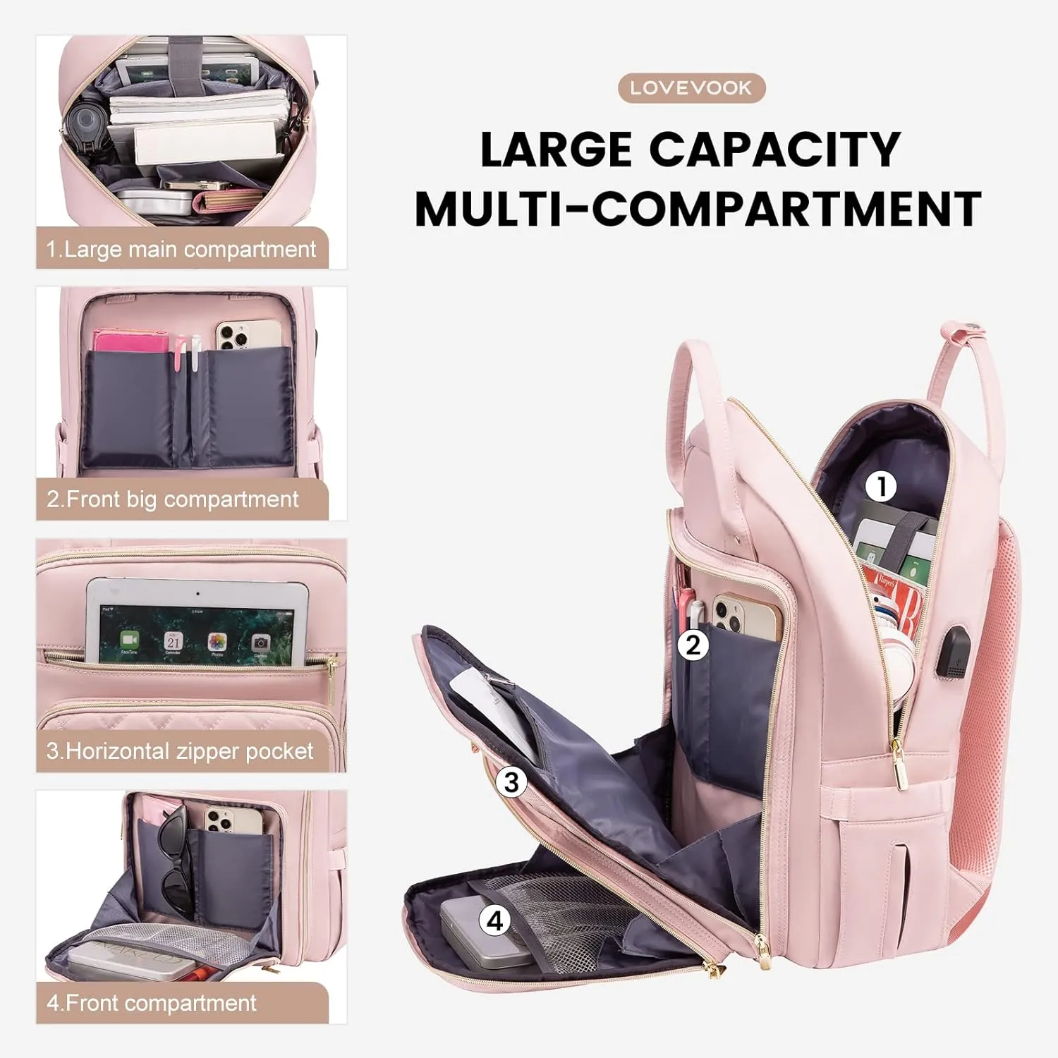 LOVEVOOK Laptop Backpack for Women, Water Resistant Travel Work Backpacks Purse Stylish College Business Teacher Nurse Computer Bag with USB Charging Port, Fits 15.6" Laptop