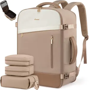 LOVEVOOK Travel Backpack For Women, 38L Carry On Backpack, Flight Approved Personal Item Travel Bag, Lightweight Daypack Weekender Bag Fits 17" Laptop With 3 Cubes, Apricot-Beige-Coffee