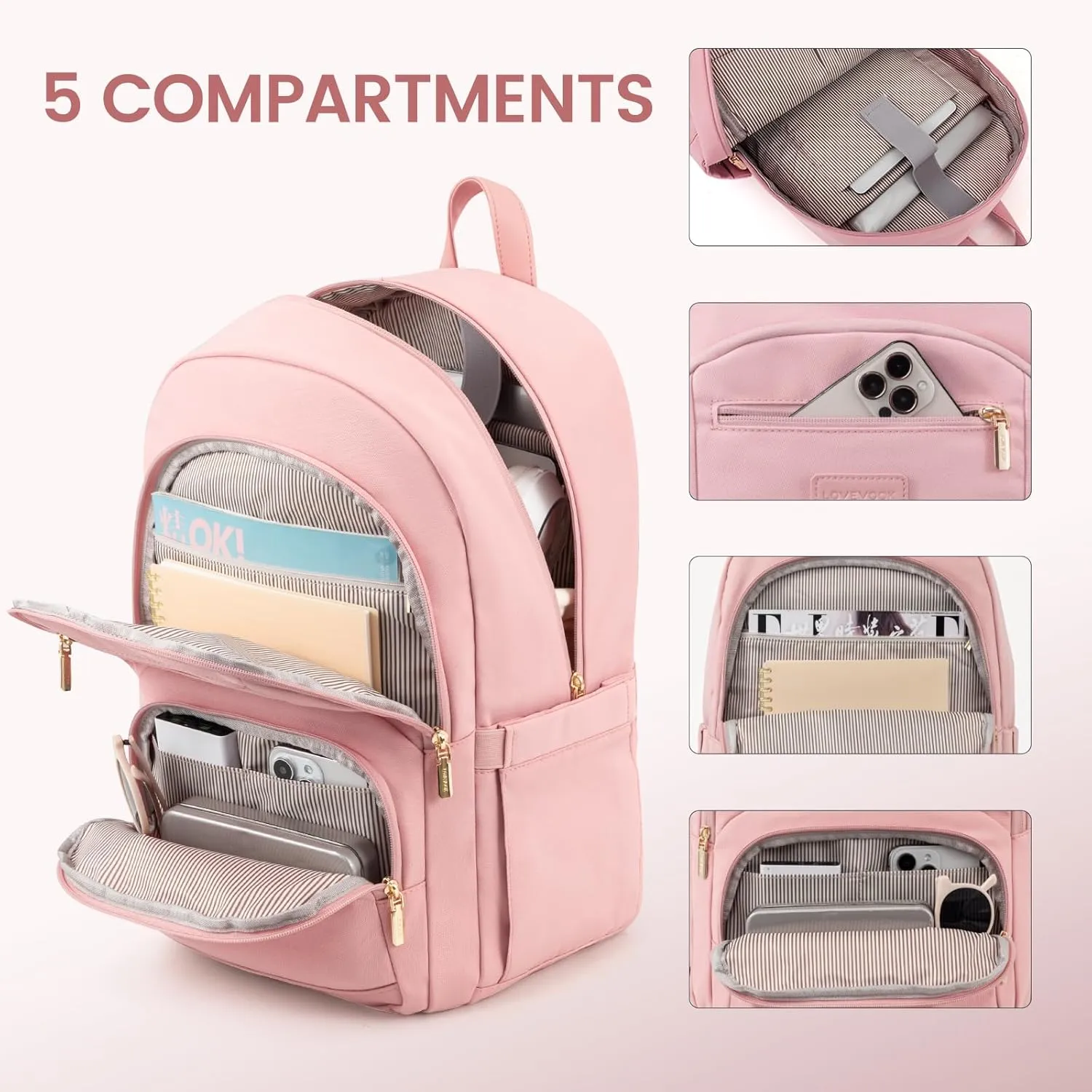 LOVEVOOK Travel Laptop Backpack for Women, Waterproof Work Backpack Fits 15.6 Inch Laptop, Large Computer Backpack for College, Pink