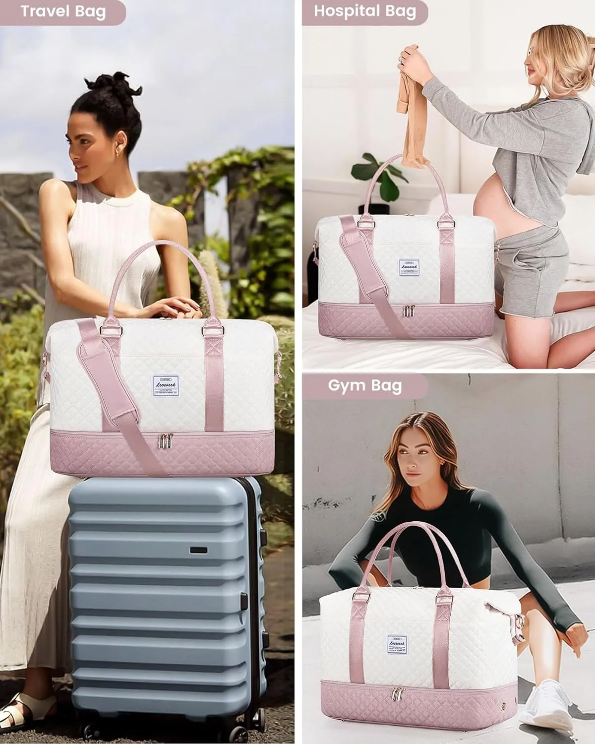 LOVEVOOK Travel Weekender Bag for Women, Carry on Overnight Bag with Shoe Compartment, Travel Duffle Bag Women, Gym Duffel Yoga Bag with Wet Pocket, Hospital Bags for Labor and Delivery
