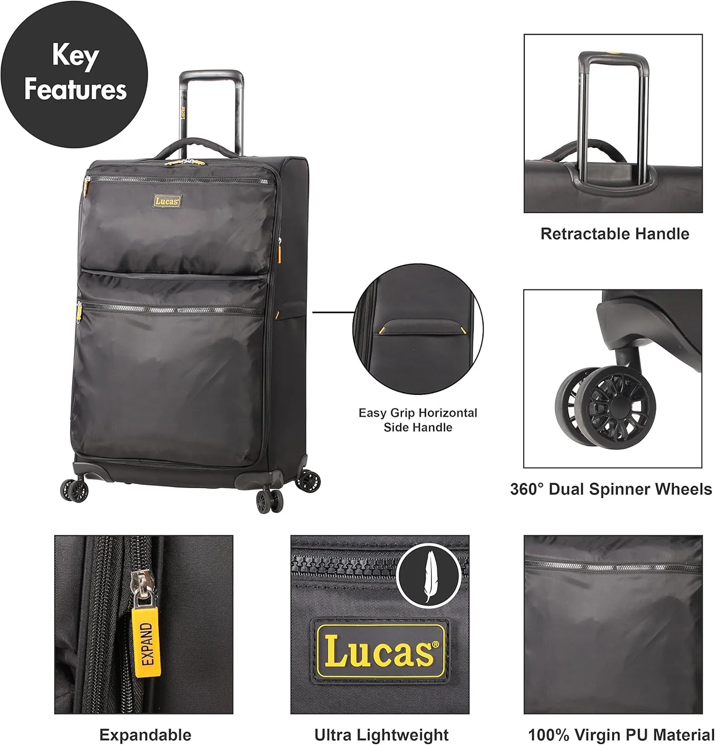 LUCAS Designer Luggage Collection - Expandable 28 Inch Softside Bag - Durable Large Ultra Lightweight Checked Suitcase with 8-Rolling Spinner Wheels (Black)