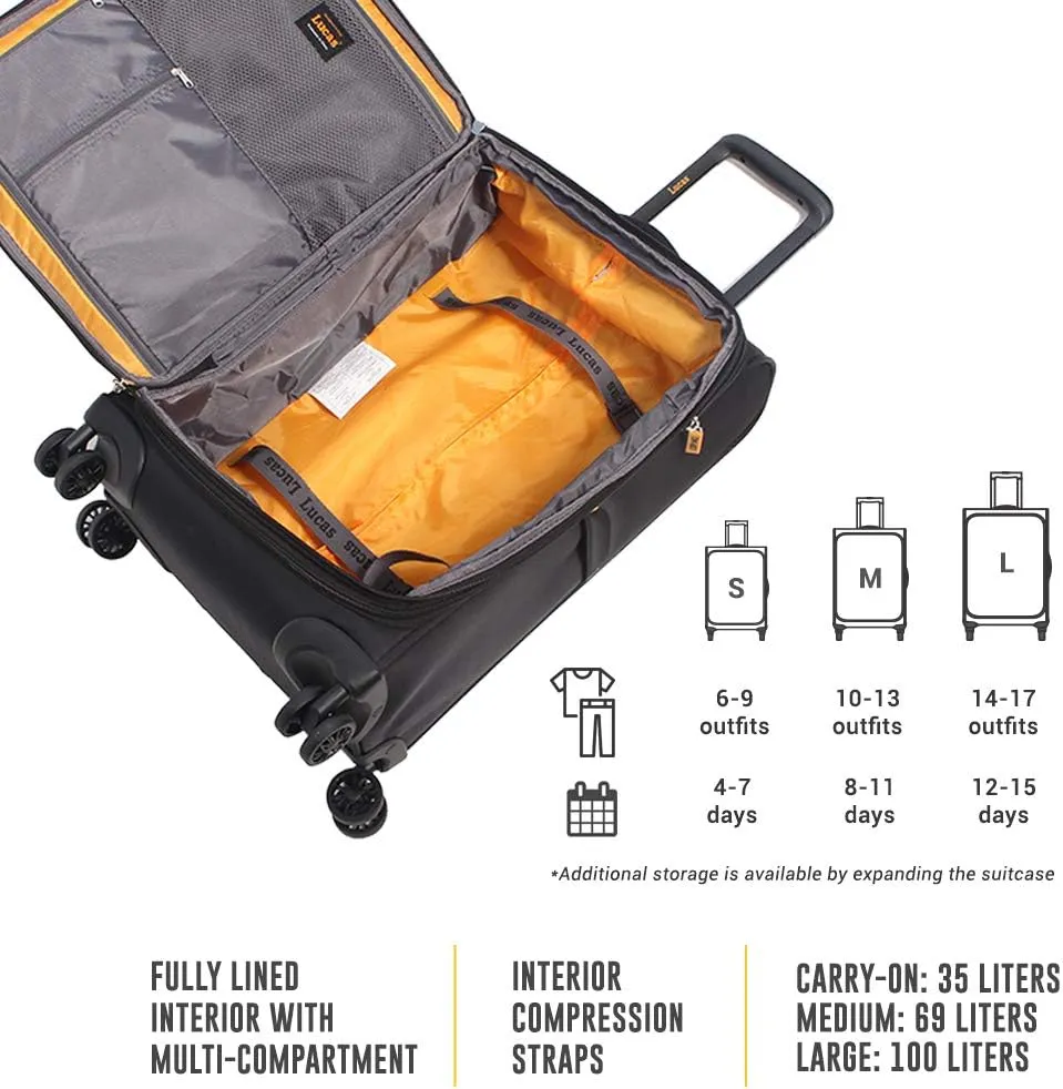 LUCAS Designer Luggage Collection - Expandable 28 Inch Softside Bag - Durable Large Ultra Lightweight Checked Suitcase with 8-Rolling Spinner Wheels (Black)