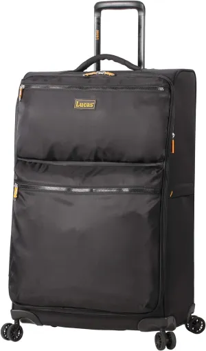 LUCAS Designer Luggage Collection - Expandable 28 Inch Softside Bag - Durable Large Ultra Lightweight Checked Suitcase with 8-Rolling Spinner Wheels (Black)