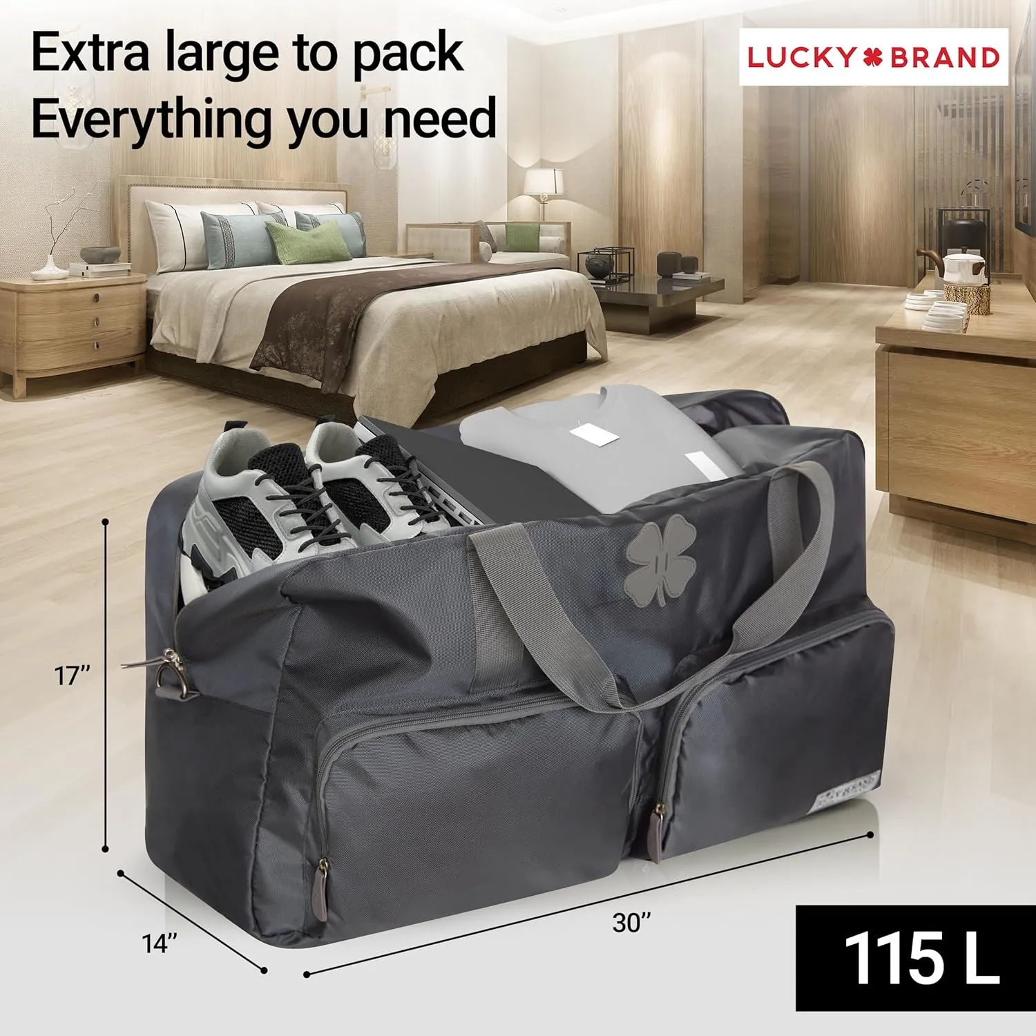 Lucky Travel Duffel Bags 115L, Gym Bag, Travel Bag & Large Duffle Bag for Men, Foldable Overnight Weekender Bags for Women & Men with Adjustable Shoulder Strap, Charcoal
