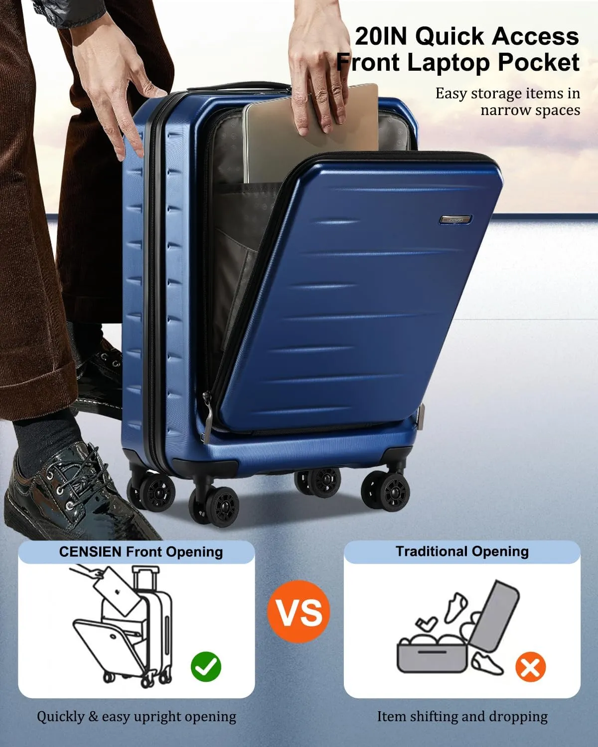 Luggage Sets 2 Pieces, 20 Inch Carry On Luggage and Expandable 28 Inch Checked Luggage with Spinner Wheels, Lightweight ABS PC Hard Shell Suitcase with Front Opening, TSA Lock (Blue, 20/28)