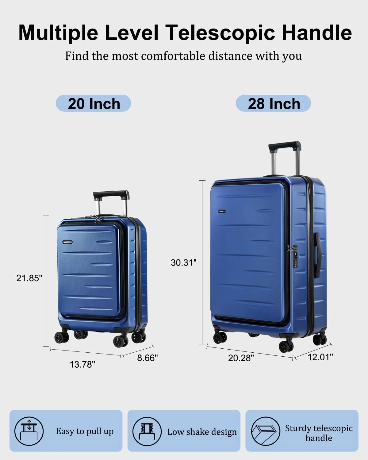 Luggage Sets 2 Pieces, 20 Inch Carry On Luggage and Expandable 28 Inch Checked Luggage with Spinner Wheels, Lightweight ABS PC Hard Shell Suitcase with Front Opening, TSA Lock (Blue, 20/28)