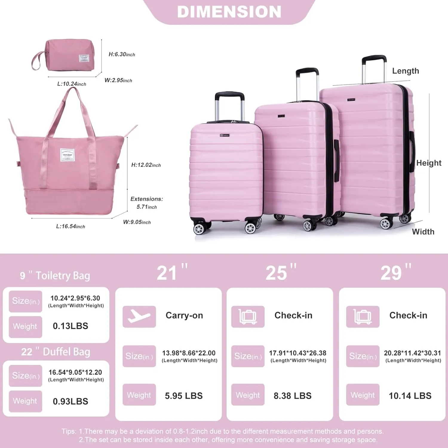 Luggage Sets 3 Piece with Double Spinner Wheels,PC Hardside Suitcase Sets with Expandable, Carry On Luggage Set with Travel Duffle Bag for Women and Men