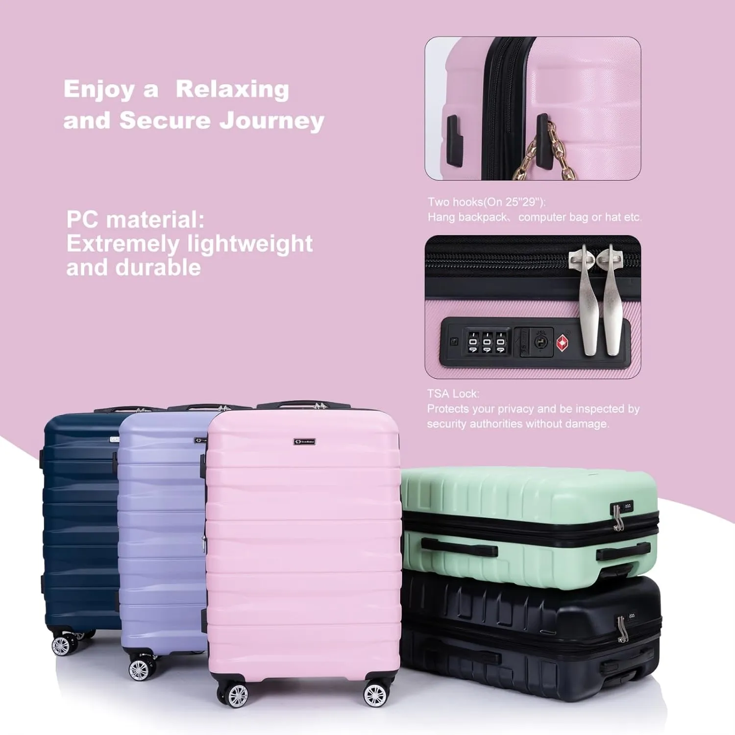 Luggage Sets 3 Piece with Double Spinner Wheels,PC Hardside Suitcase Sets with Expandable, Carry On Luggage Set with Travel Duffle Bag for Women and Men