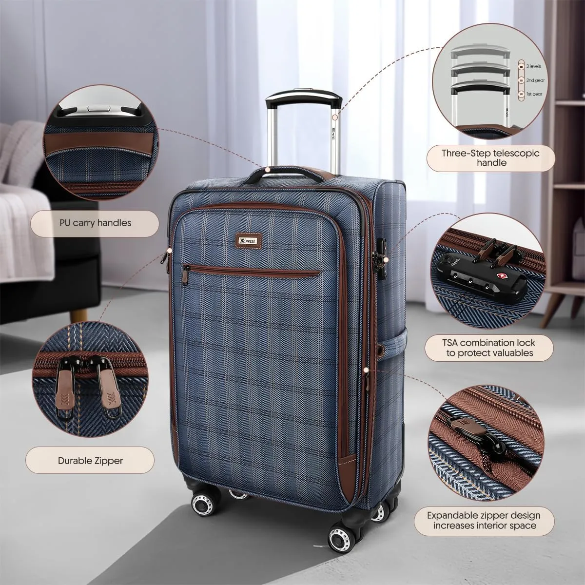 Luggage Sets 3 Piece,Suitcases with Wheels Hardshell,Softside Luggage Set,Foldie Travel Bag Expandable,Charcoal Material W/Tsa Lock & Double Spinner Wheels(20in/26in/30in) COLOR#2