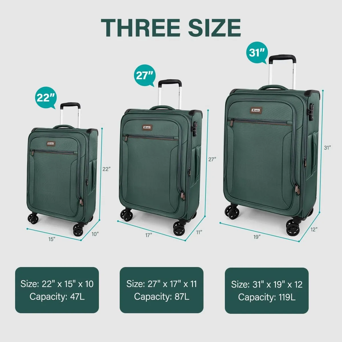 Luggage Sets 3 Piece,Suitcases with Wheels Hardshell,Softside Luggage Set,Foldie Travel Bag Expandable,Charcoal Material W/Tsa Lock & Double Spinner Wheels(20in/28in/30in) Grey