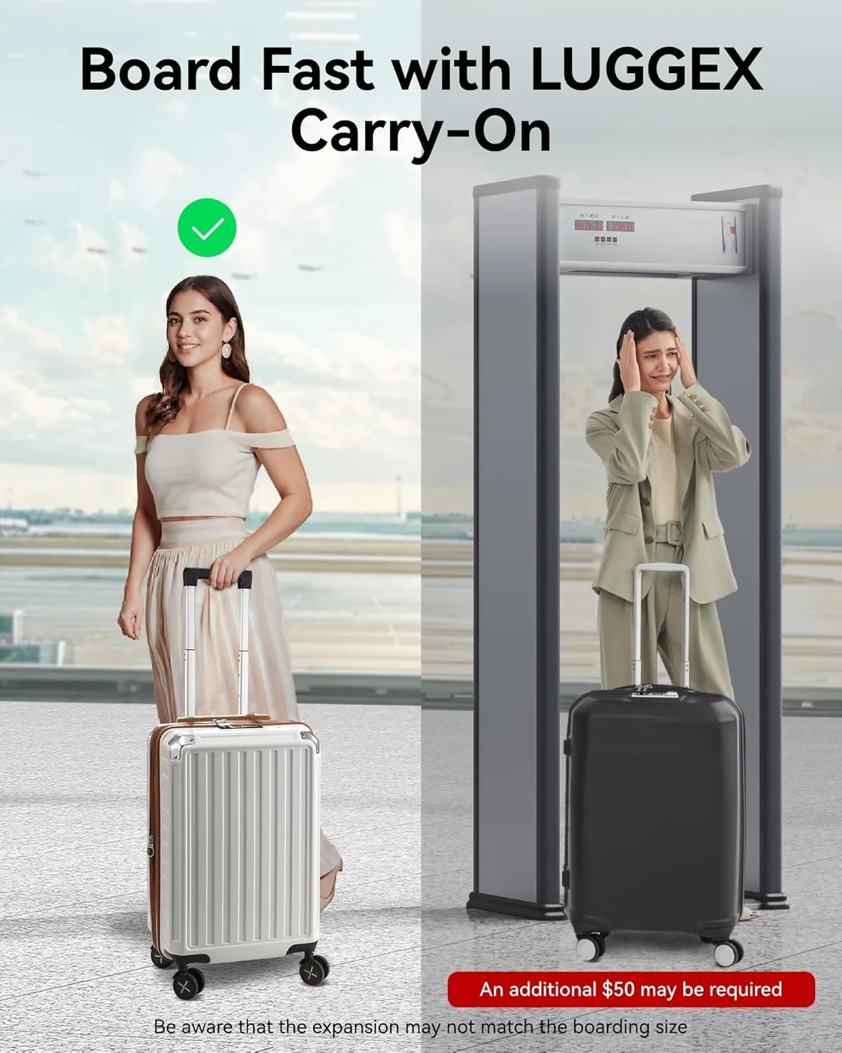 LUGGEX Carry On Luggage 22x14x9 Airline Approved, PC Expandable Hard Shell Suitcases with Spinner Wheels, 20 Inch, Silver