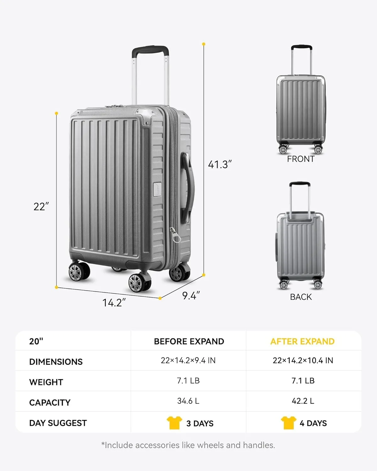LUGGEX Carry On Luggage 22x14x9 Airline Approved, PC Expandable Hard Shell Suitcases with Spinner Wheels, 20 Inch, Silver