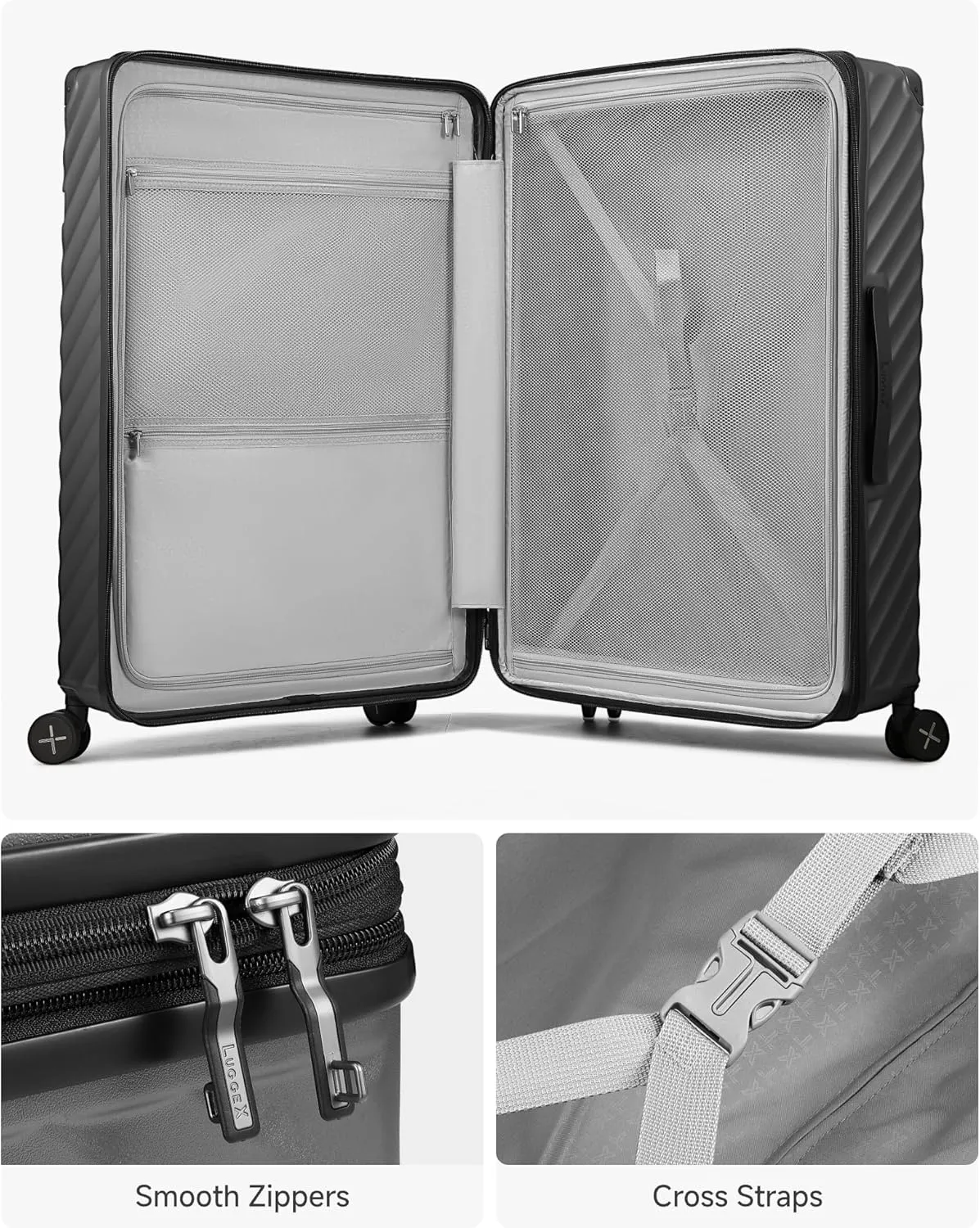 LUGGEX Luggage with Spinner Wheels, Polycarbonate Expandable Hard Shell Suitcase, 3 Piece Set, Charcoal Metallic