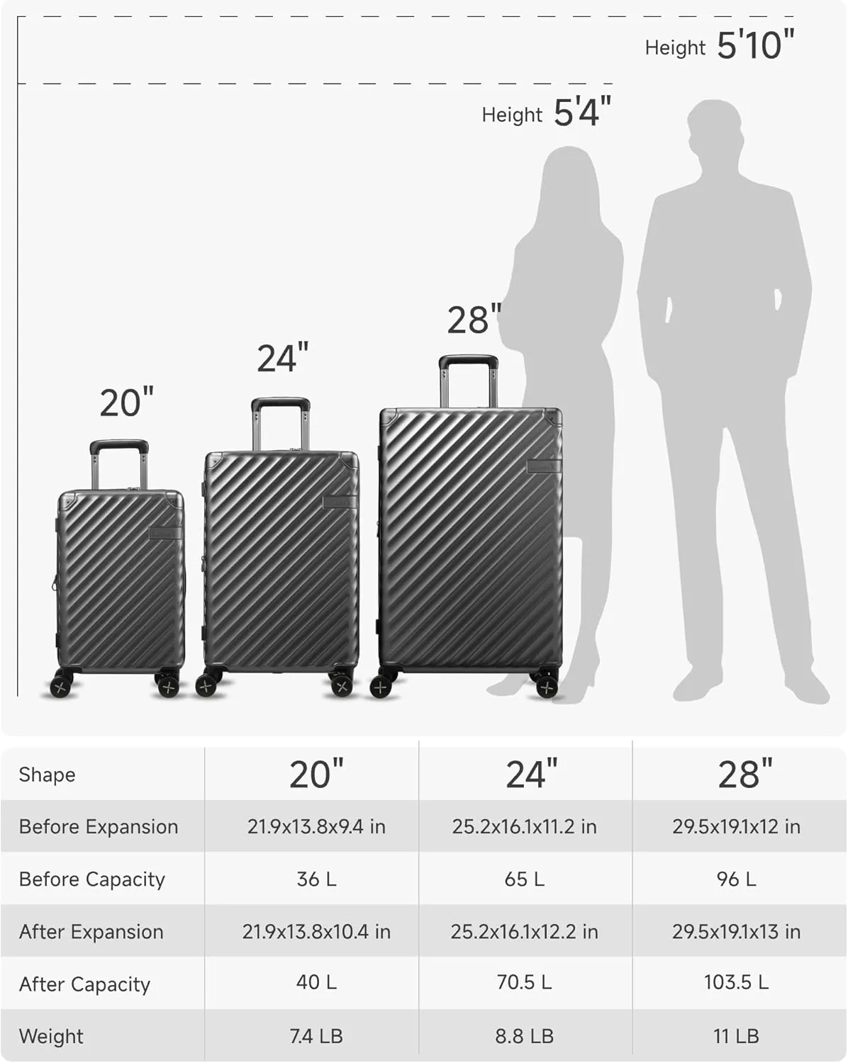 LUGGEX Luggage with Spinner Wheels, Polycarbonate Expandable Hard Shell Suitcase, 3 Piece Set, Charcoal Metallic