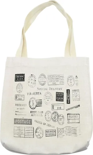 Lunarable Black and White Tote Bag, 19 Different Postal Marks Special Delivery Postage Mail Theme, Cloth Linen Reusable Bag for Shopping Books Beach and More, 16.5" X 14", Cream