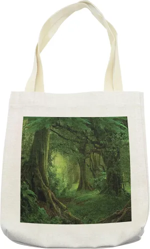 Lunarable Forest Tote Bag, Enchanted Woodland Foliage in Deep Tropical Jungle at Southeast Landscape Print, Cloth Linen Reusable Bag for Shopping Books Beach and More, 16.5" X 14", Cream
