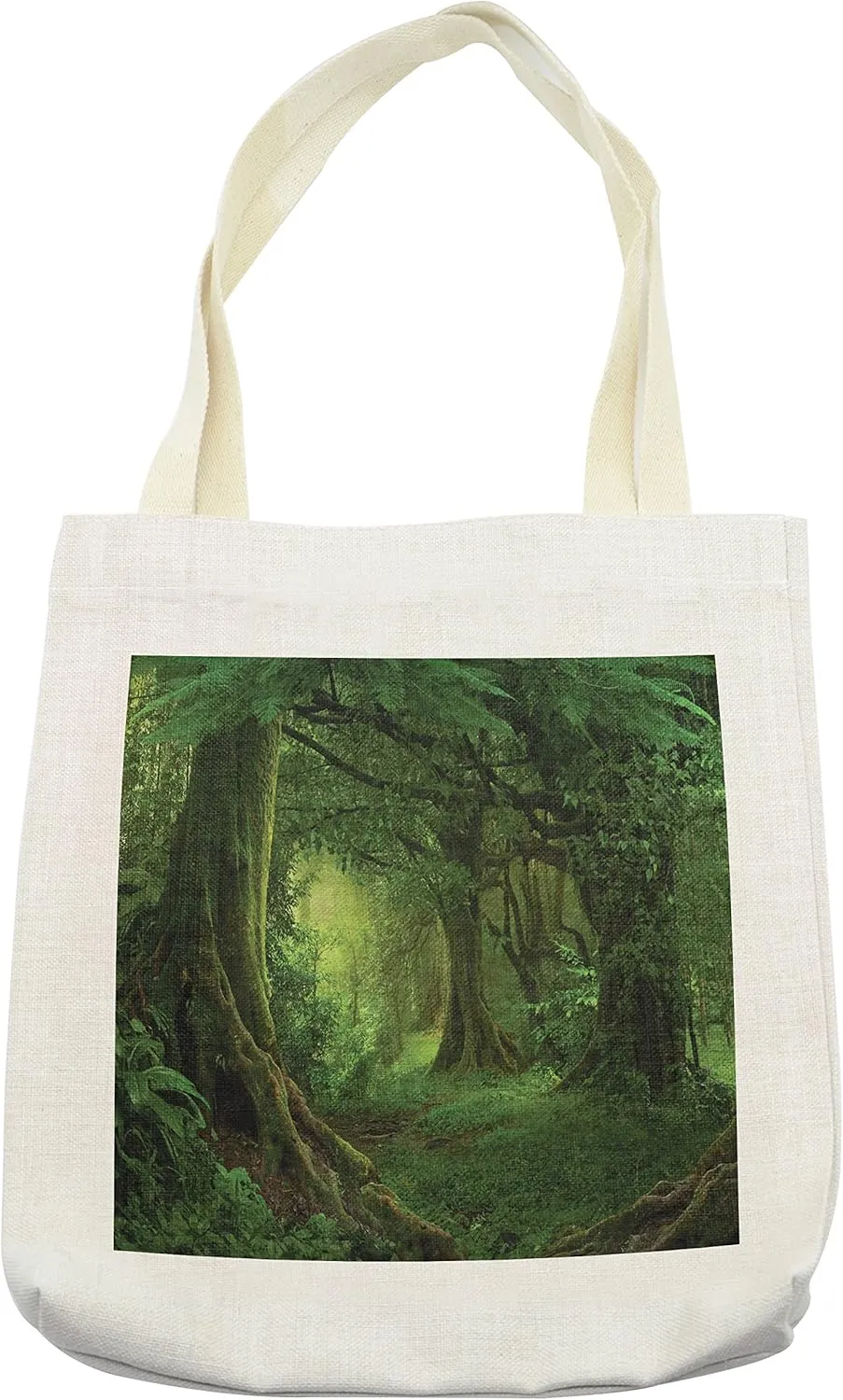 Lunarable Forest Tote Bag, Enchanted Woodland Foliage in Deep Tropical Jungle at Southeast Landscape Print, Cloth Linen Reusable Bag for Shopping Books Beach and More, 16.5" X 14", Cream