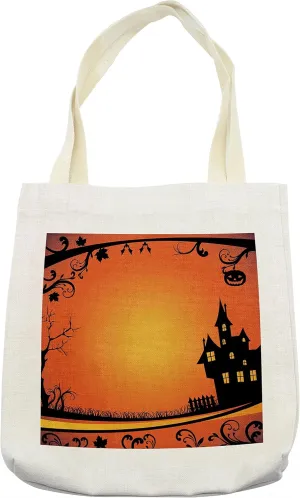 Lunarable Halloween Tote Bag, Framework with Curvy Tree Branches Swirls Leaves Gothic Castle Festival, Cloth Linen Reusable Bag for Shopping Books Beach and More, 16.5" X 14", Cream