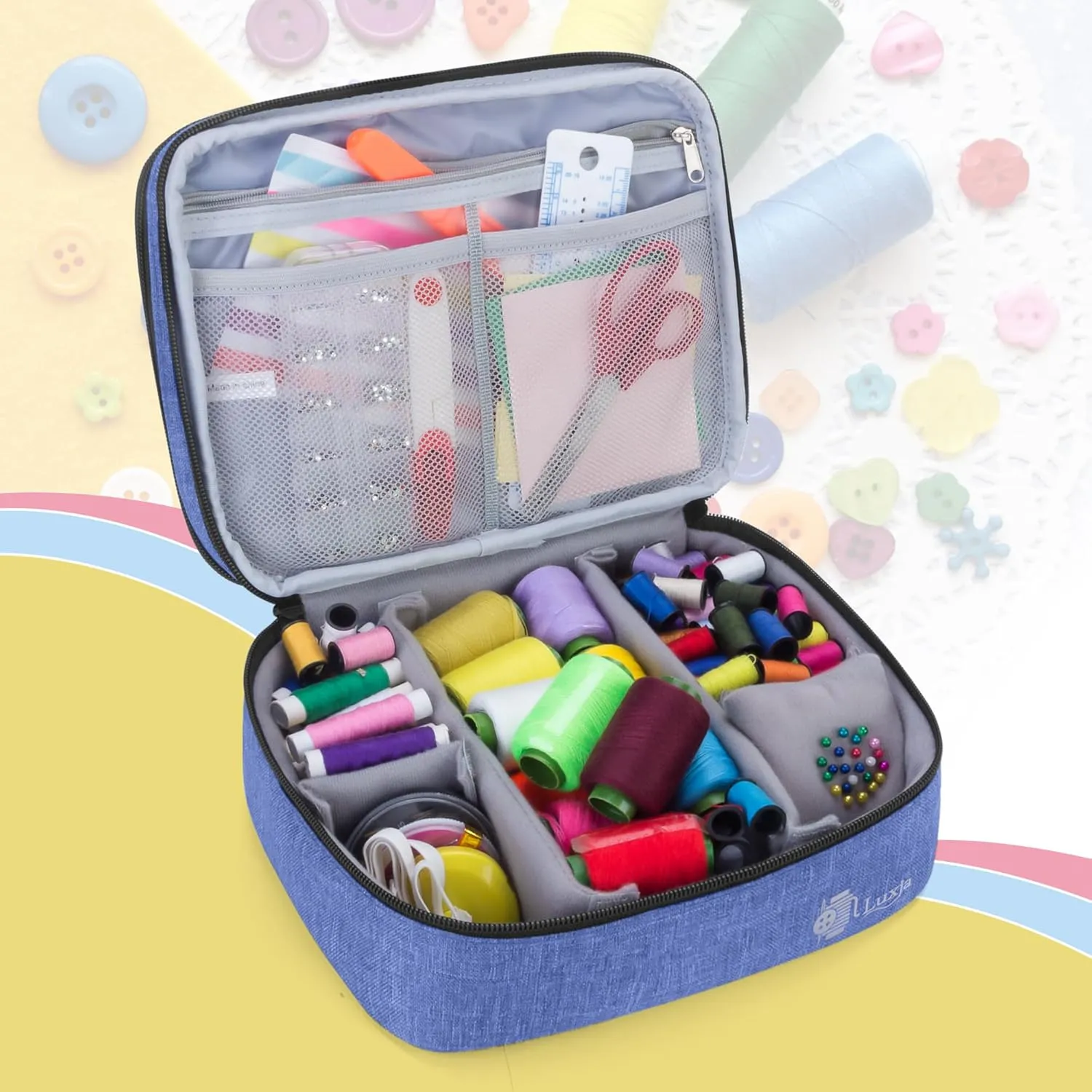 Luxja Double-Layer Sewing Supplies Organizer, Sewing Accessories Organizer for Needles, Thread, Scissors, Measuring Tape and Other Sewing Tools (Bag Only), Medium/Dark Blue