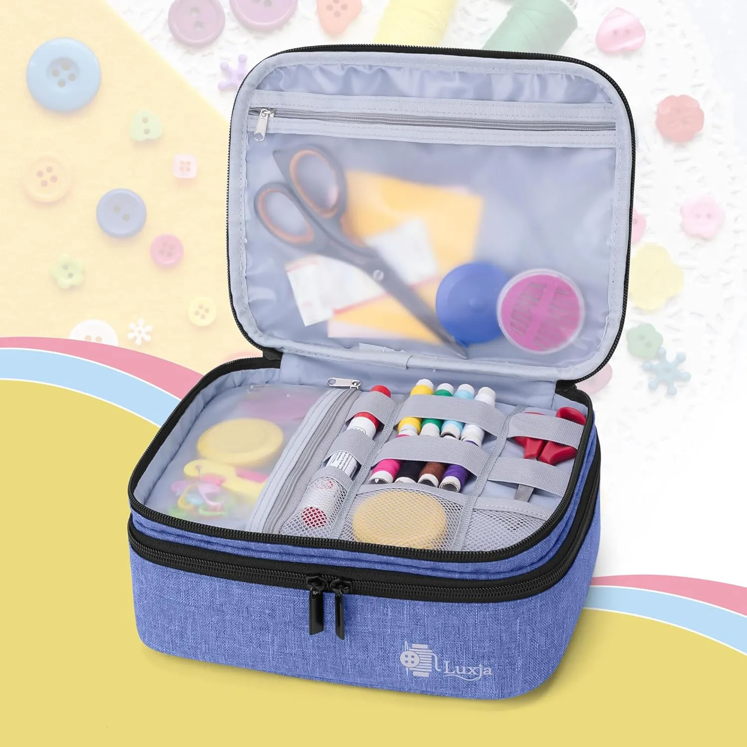Luxja Double-Layer Sewing Supplies Organizer, Sewing Accessories Organizer for Needles, Thread, Scissors, Measuring Tape and Other Sewing Tools (Bag Only), Medium/Dark Blue