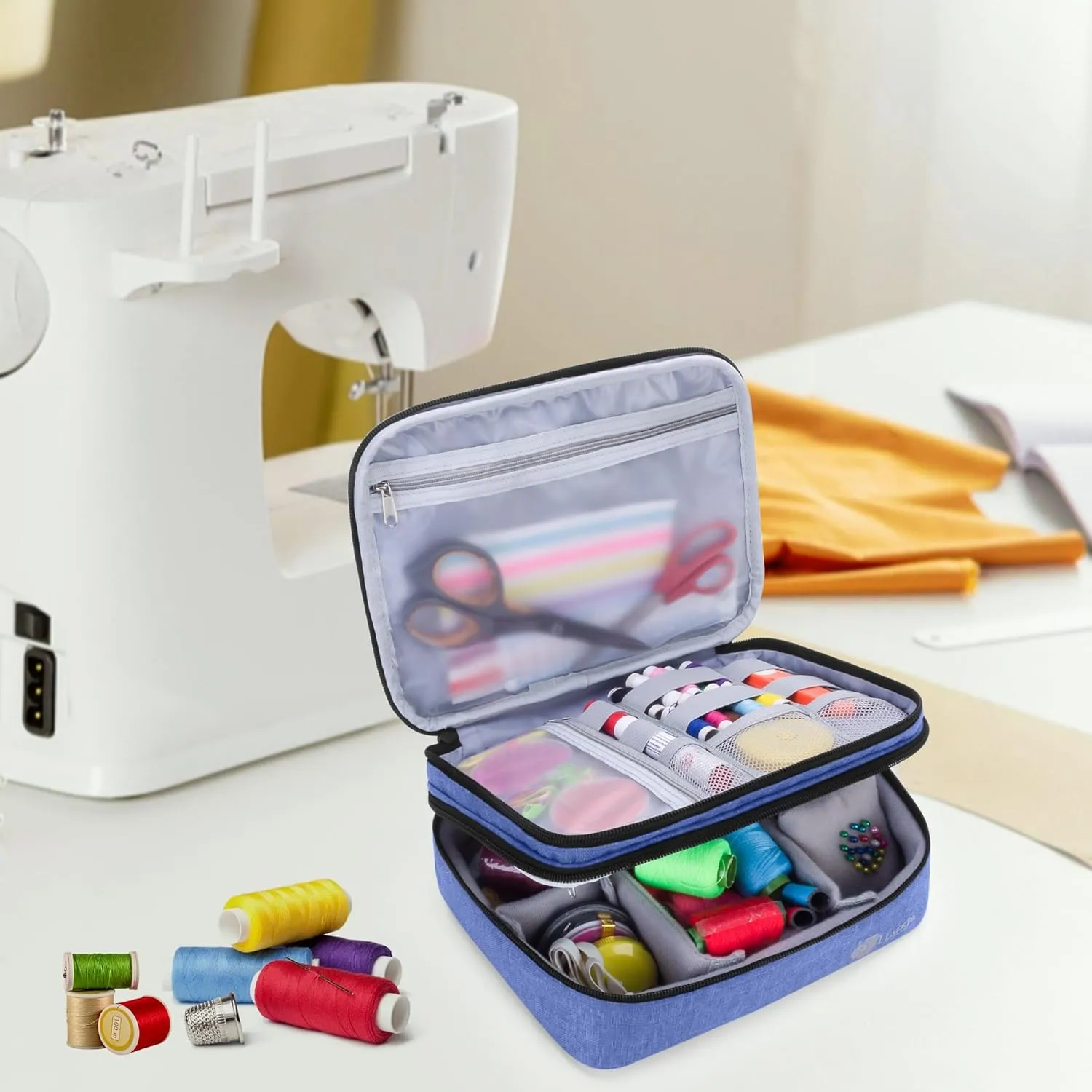 Luxja Double-Layer Sewing Supplies Organizer, Sewing Accessories Organizer for Needles, Thread, Scissors, Measuring Tape and Other Sewing Tools (Bag Only), Medium/Dark Blue