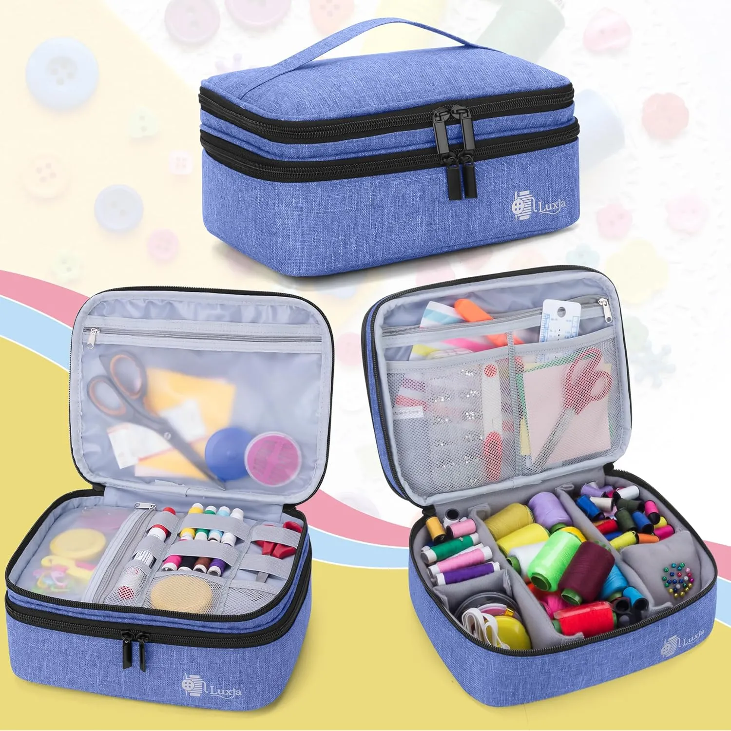 Luxja Double-Layer Sewing Supplies Organizer, Sewing Accessories Organizer for Needles, Thread, Scissors, Measuring Tape and Other Sewing Tools (Bag Only), Medium/Dark Blue