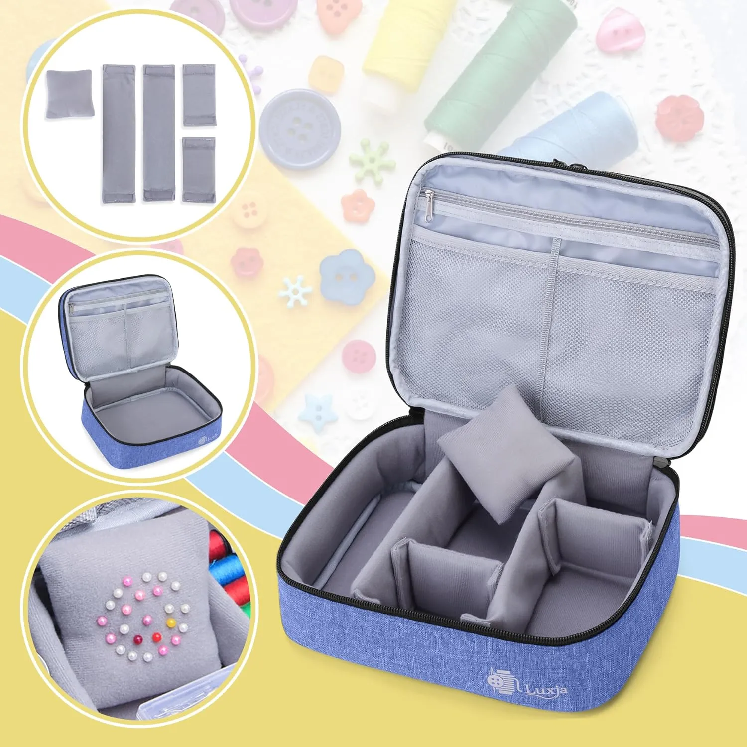 Luxja Double-Layer Sewing Supplies Organizer, Sewing Accessories Organizer for Needles, Thread, Scissors, Measuring Tape and Other Sewing Tools (Bag Only), Medium/Dark Blue