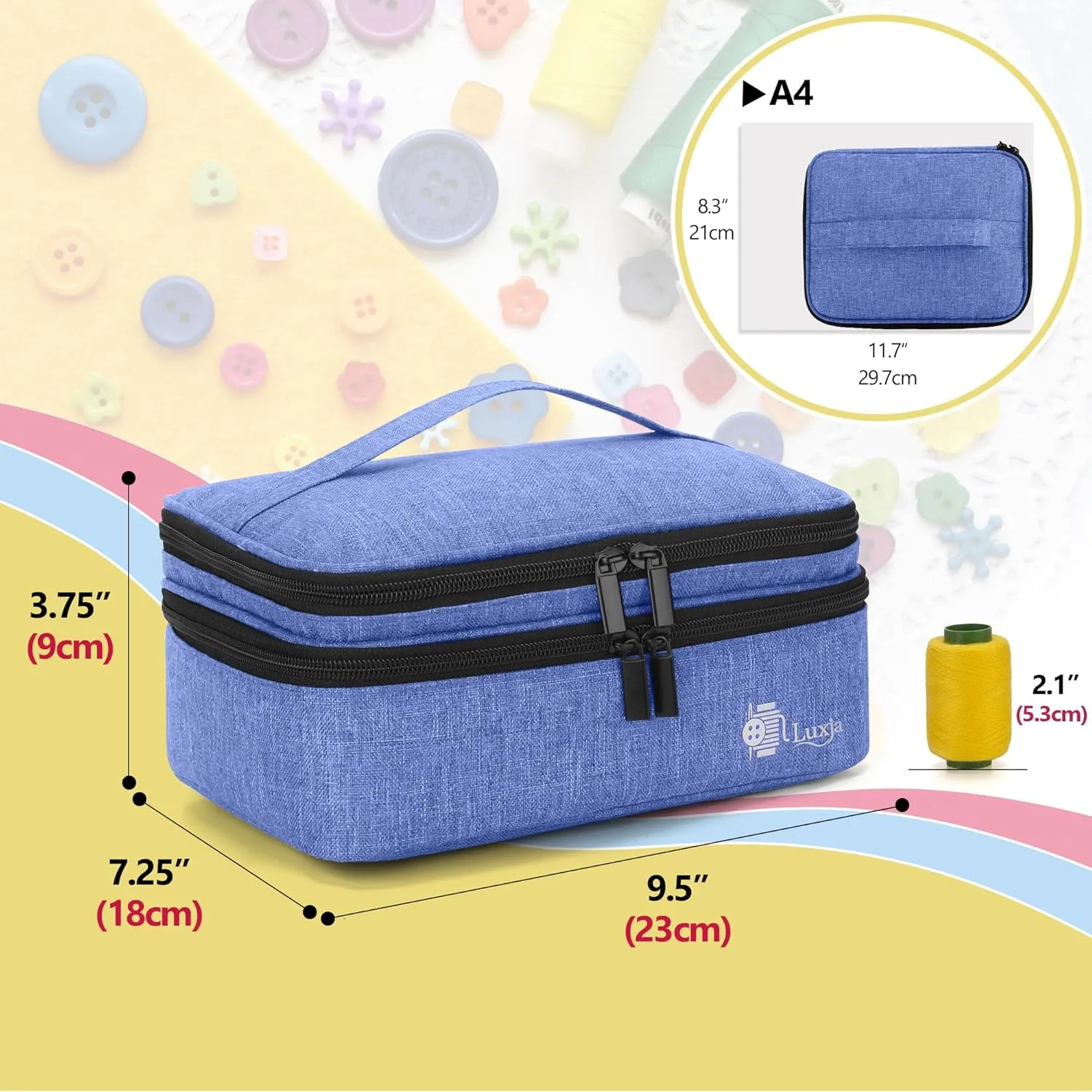 Luxja Double-Layer Sewing Supplies Organizer, Sewing Accessories Organizer for Needles, Thread, Scissors, Measuring Tape and Other Sewing Tools (Bag Only), Medium/Dark Blue