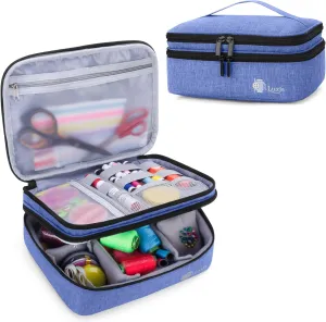 Luxja Double-Layer Sewing Supplies Organizer, Sewing Accessories Organizer for Needles, Thread, Scissors, Measuring Tape and Other Sewing Tools (Bag Only), Medium/Dark Blue