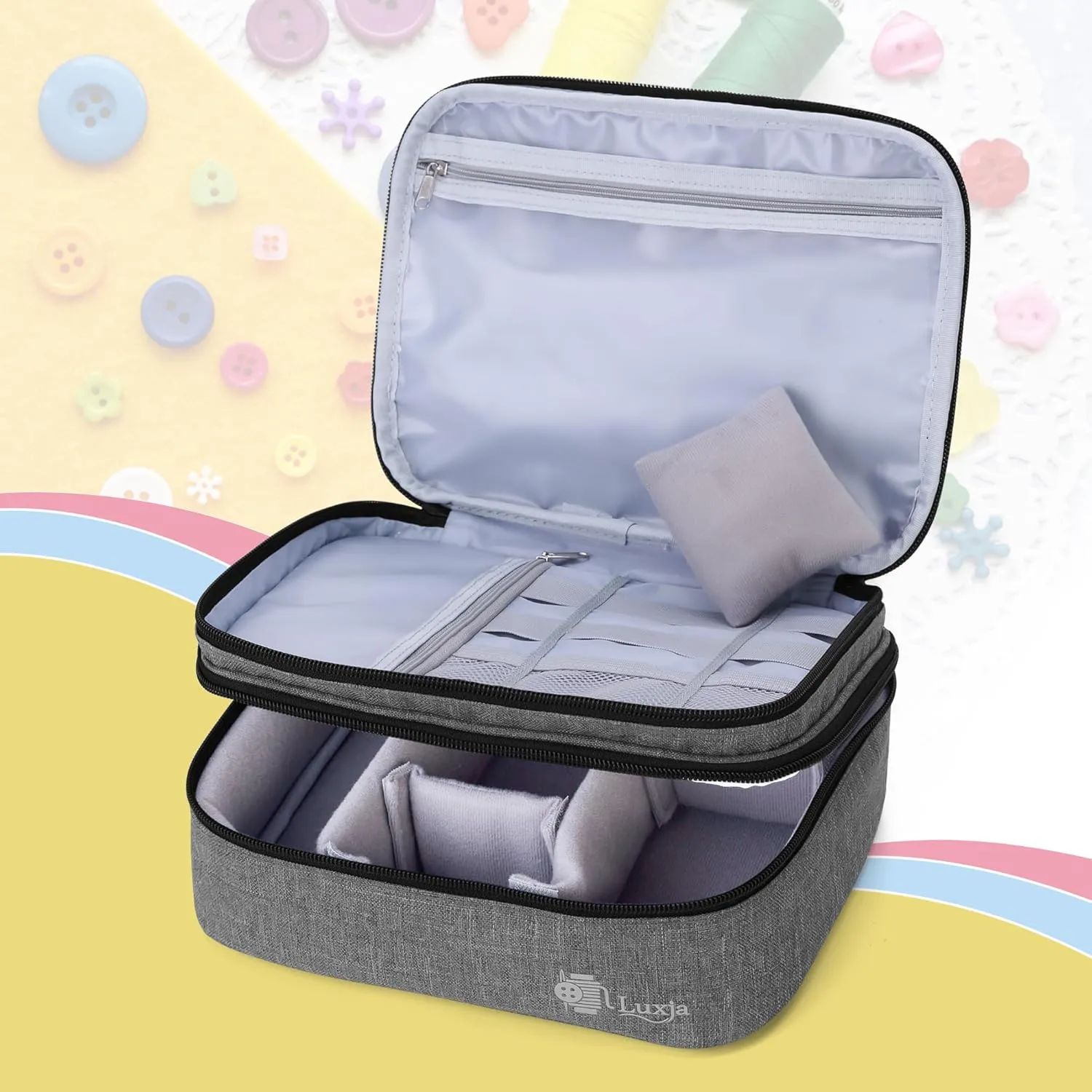 Luxja Double-Layer Sewing Supplies Organizer, Sewing Accessories Organizer for Needles, Thread, Scissors, Measuring Tape and Other Sewing Tools (Bag Only), Medium/Gray