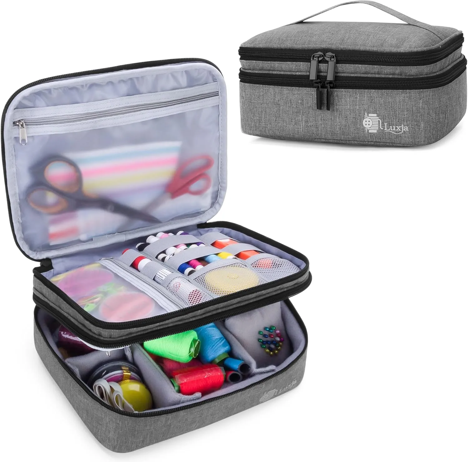 Luxja Double-Layer Sewing Supplies Organizer, Sewing Accessories Organizer for Needles, Thread, Scissors, Measuring Tape and Other Sewing Tools (Bag Only), Medium/Gray