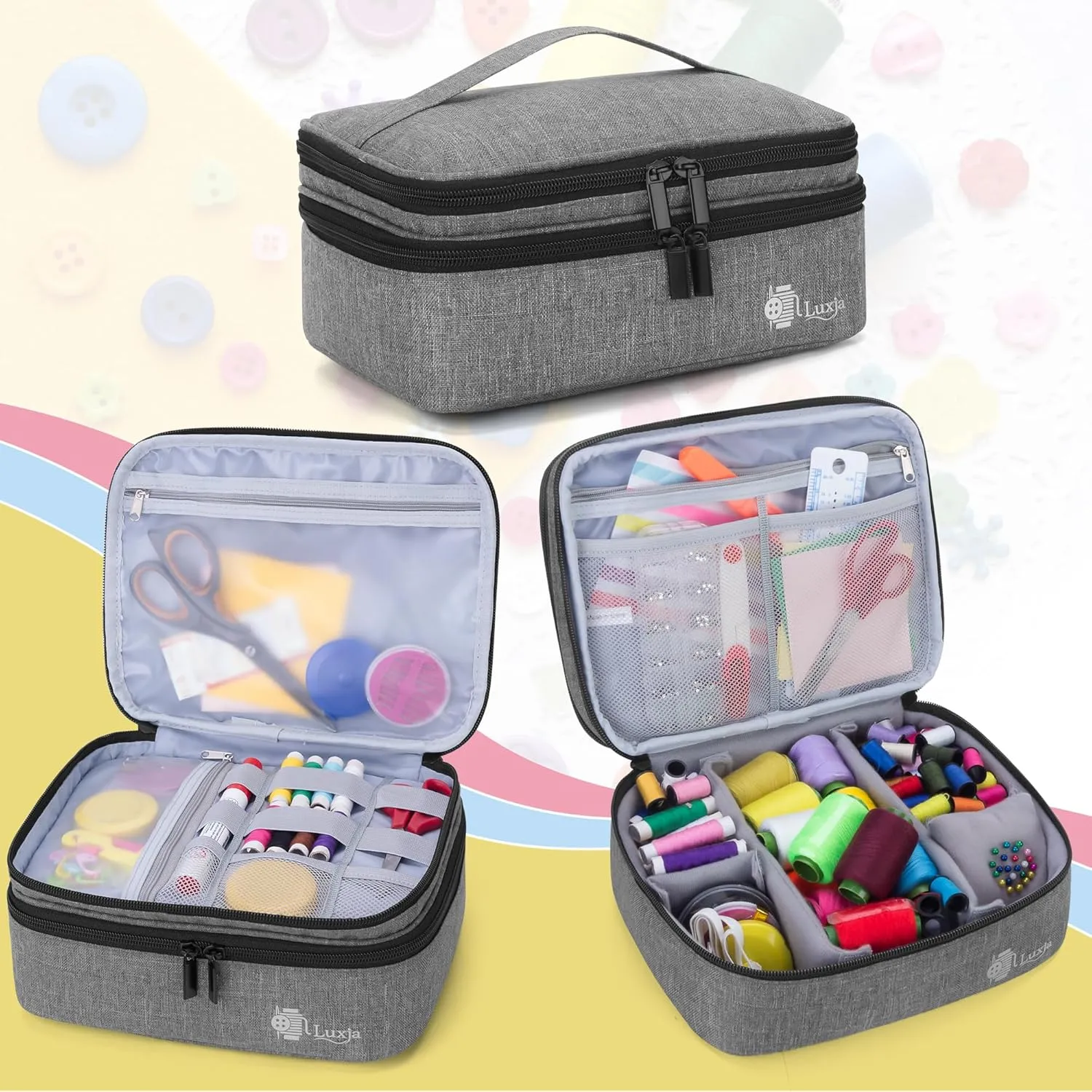Luxja Double-Layer Sewing Supplies Organizer, Sewing Accessories Organizer for Needles, Thread, Scissors, Measuring Tape and Other Sewing Tools (Bag Only), Medium/Gray